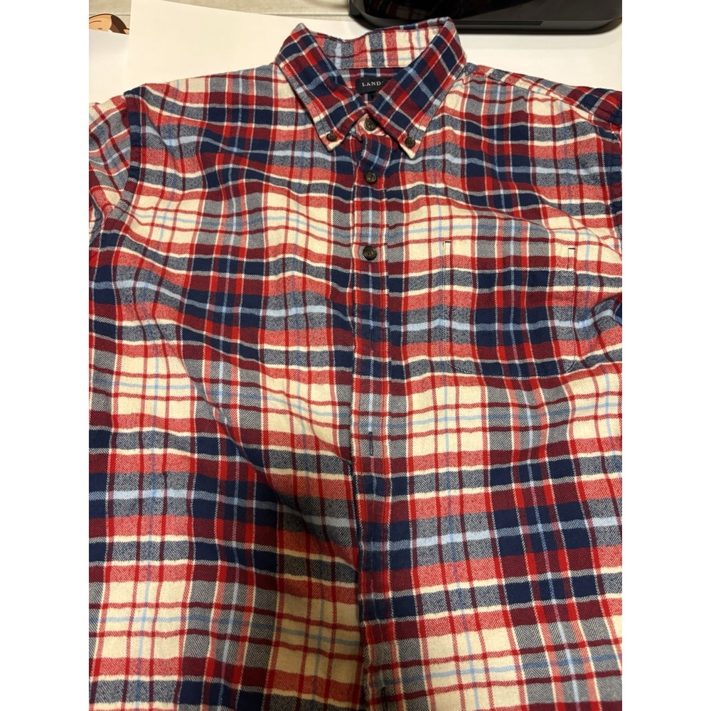 Lands End Plaid Flannel Shirt Mens XL Red Long Sleeve Button Up